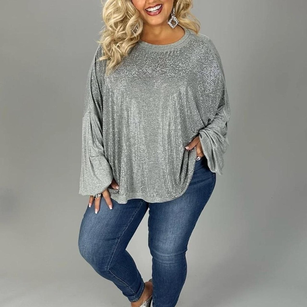 Vocal Grey long sleeve studded top with bell sleeves size 2XL plus